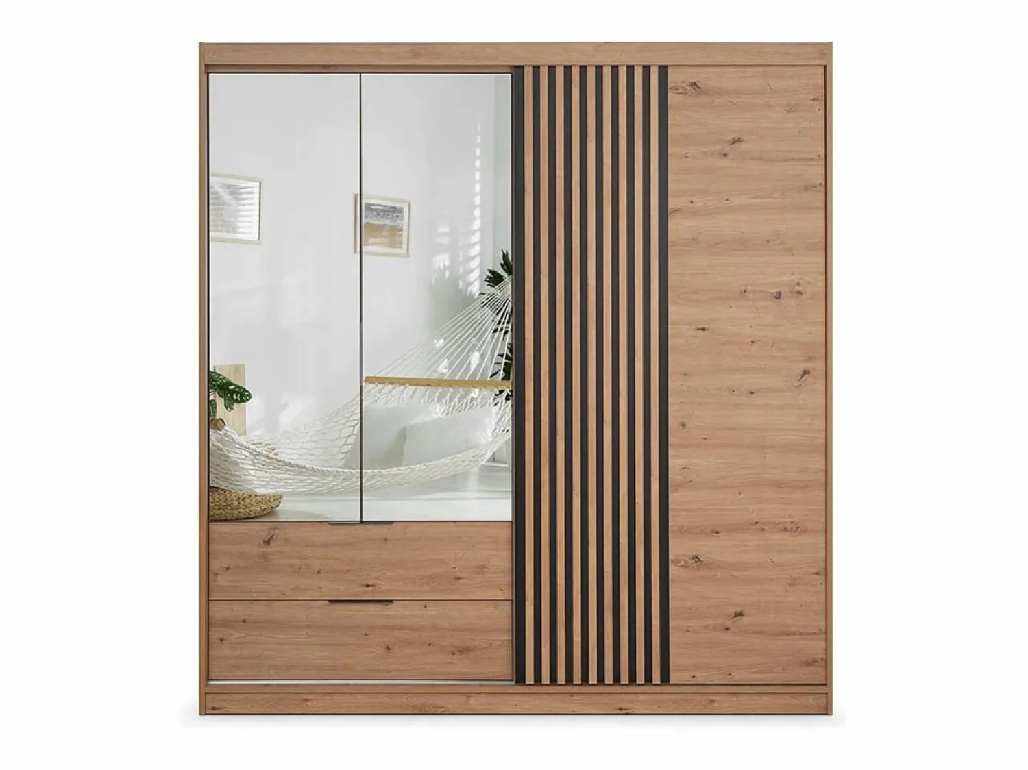 Sale Vente-unique Armario 4 puertas 2 cajones - Con espejo - L203 cm - Color: Natural y negro - SIDOVIA Color natural claro