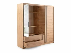 Sale Vente-unique Armario 4 puertas 2 cajones - Con espejo - L203 cm - Color: Natural y negro - SIDOVIA Color natural claro
