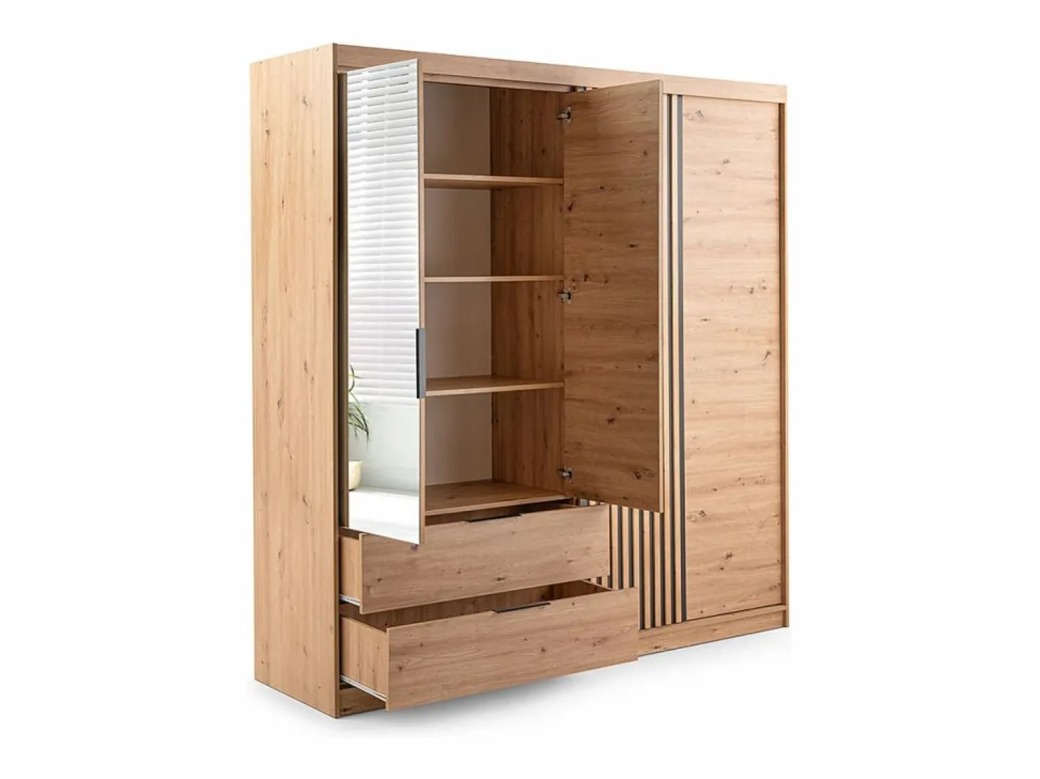 Sale Vente-unique Armario 4 puertas 2 cajones - Con espejo - L203 cm - Color: Natural y negro - SIDOVIA Color natural claro