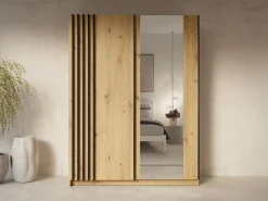 New armario 2 puertas correderas con espejo L150 cm colores natural y negro - CALELA Armario