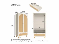 Online DripeX Armario 2 Puertas Rattan y 1 Cajón - con Barra Colgar - Estantes Ajustables - Antivuelco 85.5x52x180.5cm Blanco