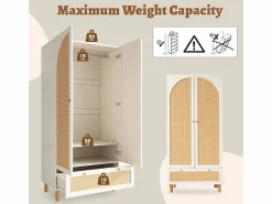 Online DripeX Armario 2 Puertas Rattan y 1 Cajón - con Barra Colgar - Estantes Ajustables - Antivuelco 85.5x52x180.5cm Blanco