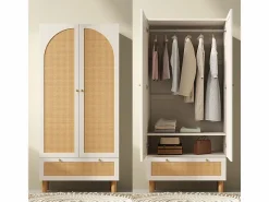 Online DripeX Armario 2 Puertas Rattan y 1 Cajón - con Barra Colgar - Estantes Ajustables - Antivuelco 85.5x52x180.5cm Blanco