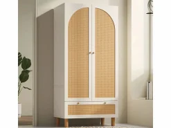 Online DripeX Armario 2 Puertas Rattan y 1 Cajón - con Barra Colgar - Estantes Ajustables - Antivuelco 85.5x52x180.5cm Blanco
