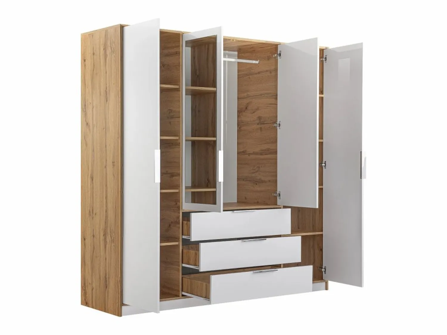 Sale Vente-unique Armario 4 puertas y 3 cajones con espejos L196 cm color natural y blanco - LAMIKI Color natural claro / Blanco