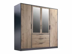 Vente-unique Armario 4 puertas y 3 cajones con espejos L196 cm color natural y negro - LAMIKI