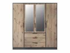 Vente-unique Armario 4 puertas y 3 cajones con espejos L196 cm color natural y negro - LAMIKI