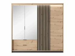 Vente-unique Armario 3 puertas y 2 cajones con espejos y LEDs 220 cm de ancho natural y negro - ARIADA
