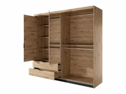 Vente-unique Armario 3 puertas y 2 cajones con espejos y LEDs 220 cm de ancho natural y negro - ARIADA