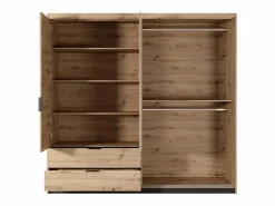 Vente-unique Armario 3 puertas y 2 cajones con espejos y LEDs 220 cm de ancho natural y negro - ARIADA
