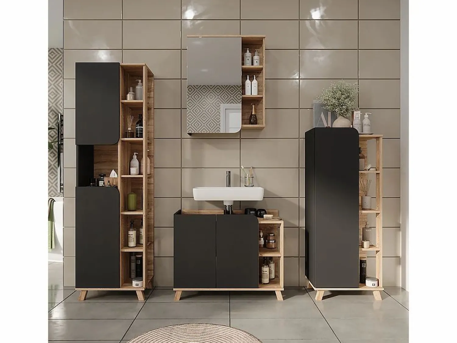 New Armario alto sonoma/antracita 50x35x175 karen Columna De Baño