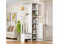 Clearance Hauss Spole Armario con 2 puertas, cajón, colgadores y banqueta, puerta de cristal 85x33,5x200cm Blanco