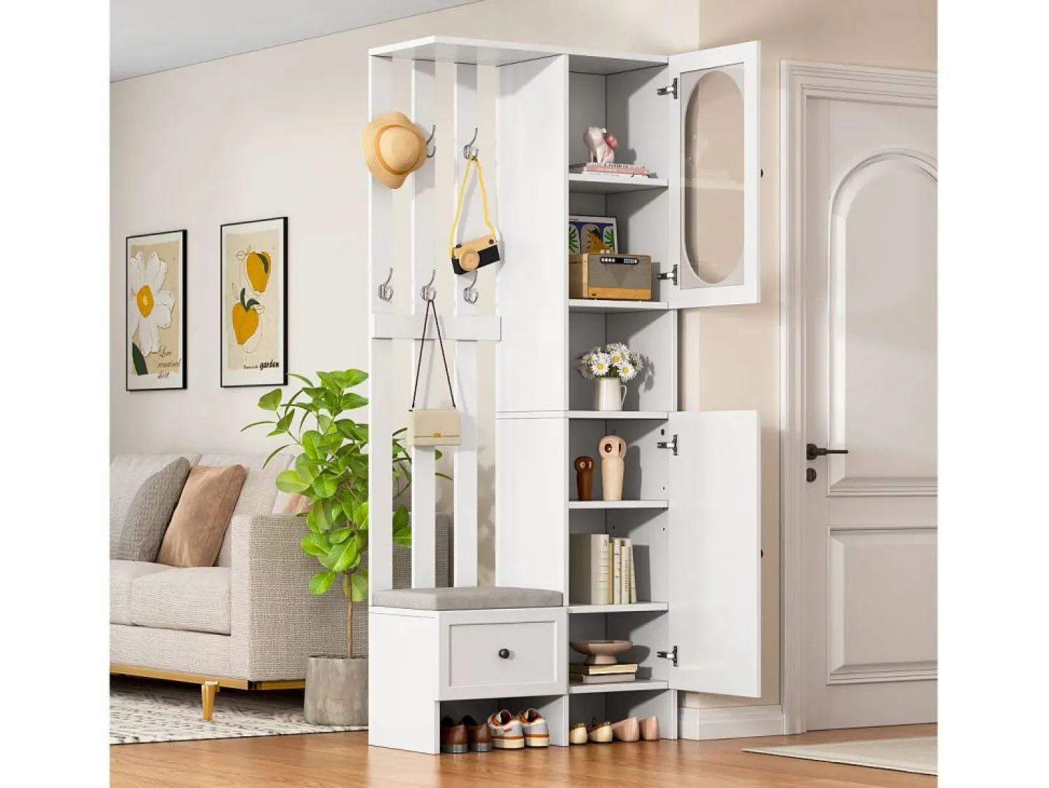 Clearance Hauss Spole Armario con 2 puertas, cajón, colgadores y banqueta, puerta de cristal 85x33,5x200cm Blanco