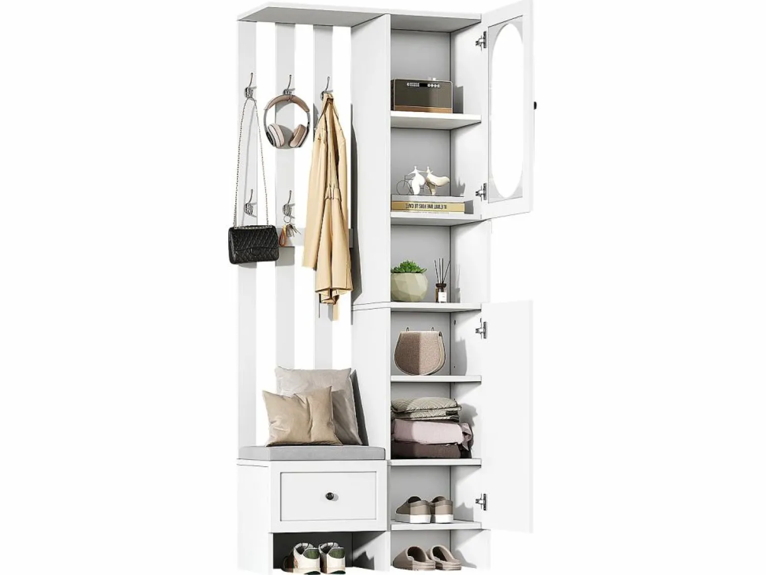 Clearance Hauss Spole Armario con 2 puertas, cajón, colgadores y banqueta, puerta de cristal 85x33,5x200cm Blanco