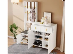 Best Armario combinado con banco zapatero y cojín, diseño moderno, tablero de partículas, , ganchos dorados (60,5x180,5x35,2 cm) Blanco