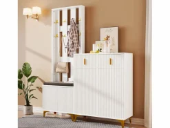Best Armario combinado con banco zapatero y cojín, diseño moderno, tablero de partículas, , ganchos dorados (60,5x180,5x35,2 cm) Blanco