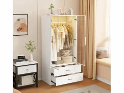 Discount Armario con 2 cajones y 2 puertas, perchero con iluminación LED y barra para colgar, armario, vestidor, 80 x 50 x 175 cm Muebles Niño