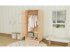 New Armario con barra - 2 puertas de malla de ratán y 1 compartimento con solapa - Natural Armario