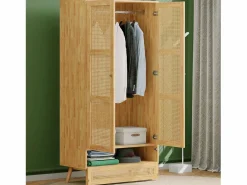 Best Armario con barra - 90 x 45 x 183 cm - con 3 puertas - aglomerado + ratán sintético - natural Armario