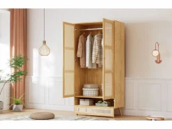 Best Armario con barra - 90 x 45 x 183 cm - con 3 puertas - aglomerado + ratán sintético - natural Armario
