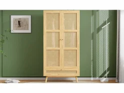 Best Armario con barra - 90 x 45 x 183 cm - con 3 puertas - aglomerado + ratán sintético - natural Armario