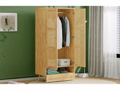 Best Armario con barra - 90 x 45 x 183 cm - con 3 puertas - aglomerado + ratán sintético - natural Armario