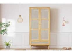 Best Armario con barra - 90 x 45 x 183 cm - con 3 puertas - aglomerado + ratán sintético - natural Armario