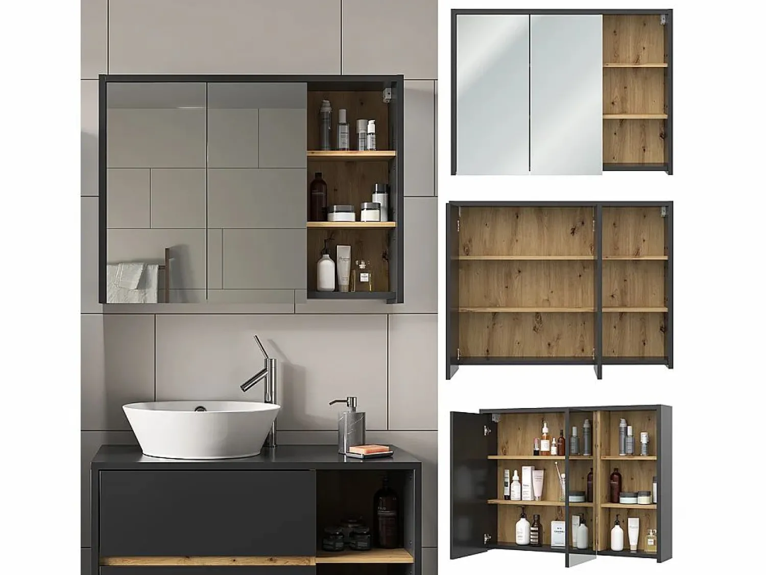 Clearance Armario con espejo para baño roble artesanal 100x18x75 viola Mueble De Pared Para Baño