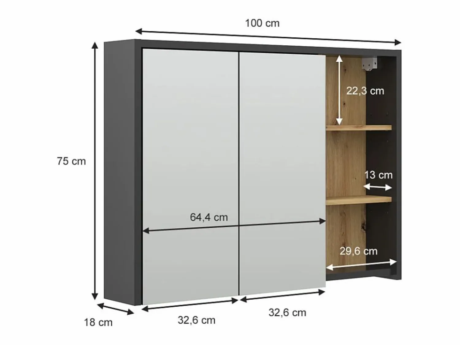 Clearance Armario con espejo para baño roble artesanal 100x18x75 viola Mueble De Pared Para Baño