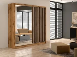 Vente-unique Armario corredero CALOWI de 2 puertas con espejo, ancho 203 cm, color natural y negro