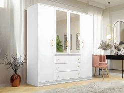 Outlet Vente-unique Armario de 4 puertas y 3 cajones con espejo L196 cm - LIZANDRO Blanco