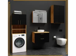 Armario de baño colgante de 60 cm sobre el lavabo con estantes para lavadora en roble artesanal y negro.