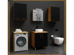 Armario de baño colgante de 60 cm sobre el lavabo con estantes para lavadora en roble artesanal y negro.