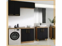 Armario de baño colgante de 60 cm sobre el lavabo con estantes para lavadora en roble artesanal y negro.