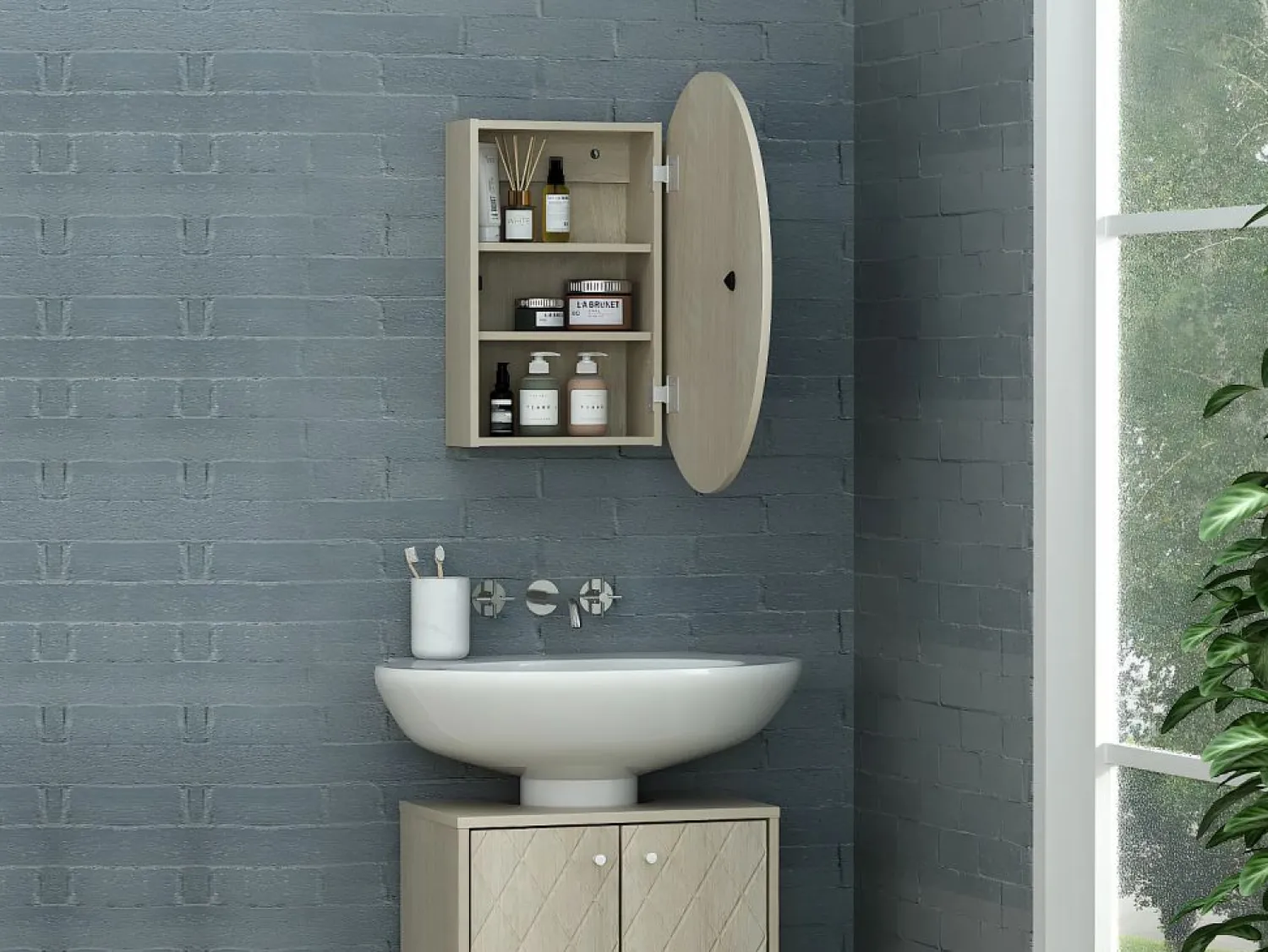 Outlet Armario de baño de pared con espejo ovalado - estanterías para el cuarto de baño - roble - RURI Mueble De Pared Para Baño|Mueble De Aseo