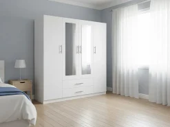 Online Saldosystocks Armario de Dormitorio 4 Puertas W, con Espejo, Blanco