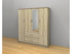 Outlet Saldosystocks Armario de Dormitorio 4 Puertas DN, con Espejo Sonoma 190x160x50 cm Marru00f3n