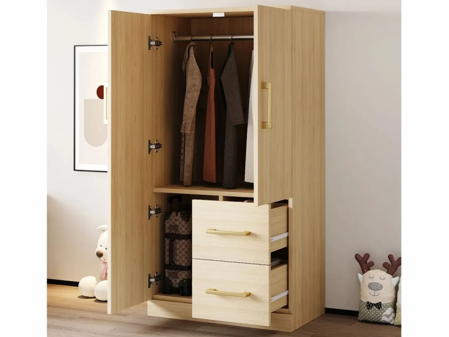 OKWISH Armario de dormitorio, armario color natural con dos puertas y dos cajones, tiradores metálicos Color natural claro