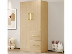 OKWISH Armario de dormitorio, armario color natural con dos puertas y dos cajones, tiradores metálicos Color natural claro