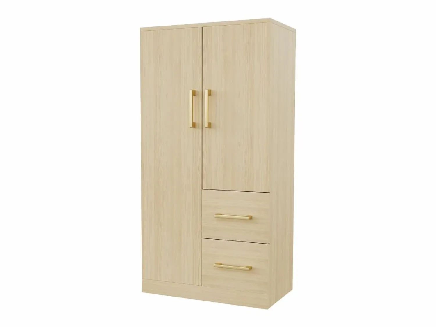 OKWISH Armario de dormitorio, armario color natural con dos puertas y dos cajones, tiradores metálicos Color natural claro