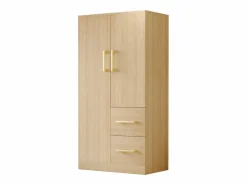 OKWISH Armario de dormitorio, armario color natural con dos puertas y dos cajones, tiradores metálicos Color natural claro