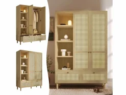 Merax Armario de dos puertas en ratán trenzado - 120 x 50 x 180 cm - estilo rústico con efecto roble - con estantes + 2 cajones - madera - natural Color natural claro
