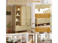 Merax Armario de dos puertas en ratán trenzado - 120 x 50 x 180 cm - estilo rústico con efecto roble - con estantes + 2 cajones - madera - natural Color natural claro