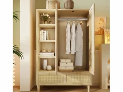 Merax Armario de dos puertas en ratán trenzado - 120 x 50 x 180 cm - estilo rústico con efecto roble - con estantes + 2 cajones - madera - natural Color natural claro