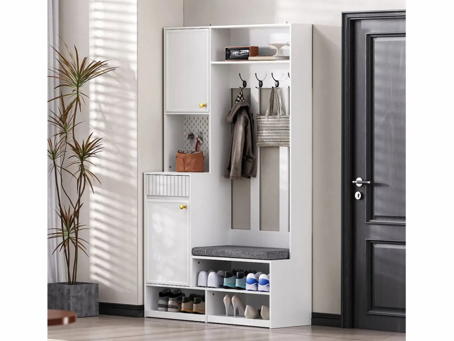 Sale Armario de entrada completo con banco, 4 ganchos, puertas y cajones, MDF, (100x180x35cm) Blanco