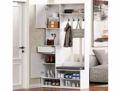 Sale Armario de entrada completo con banco, 4 ganchos, puertas y cajones, MDF, (100x180x35cm) Blanco