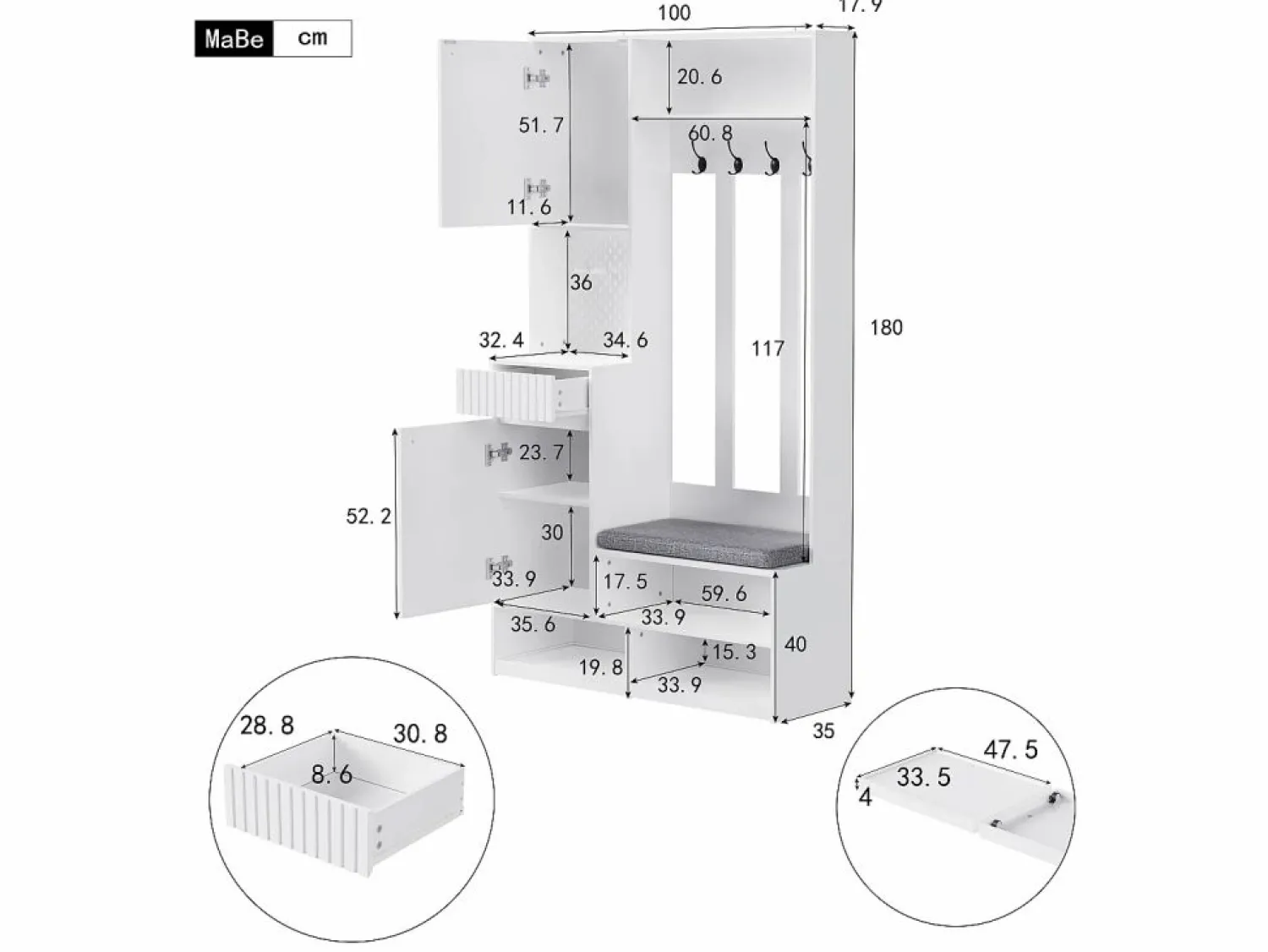 Sale Armario de entrada completo con banco, 4 ganchos, puertas y cajones, MDF, (100x180x35cm) Blanco