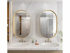 Discount Armario de espejo ovalado de pared con estructura de metal y estantes ajustables, para baño, salón y dormitorio, (91 x 61 x 12 cm) Dorado