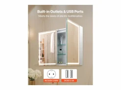 Online Armario de Pared para Baño SucceBuy Armario de Tocador con Espejo HD y LED de 3 Colores con Intensidad Variable, Enchufes y Puertos USB, 60 x 80 cm Blanco