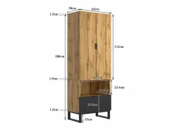 Sale Armario de recibidor con cajón, estantes regulables y perchero, tablero de partículas de madera, color natural y negro (180x38x65 cm) Marru00f3n